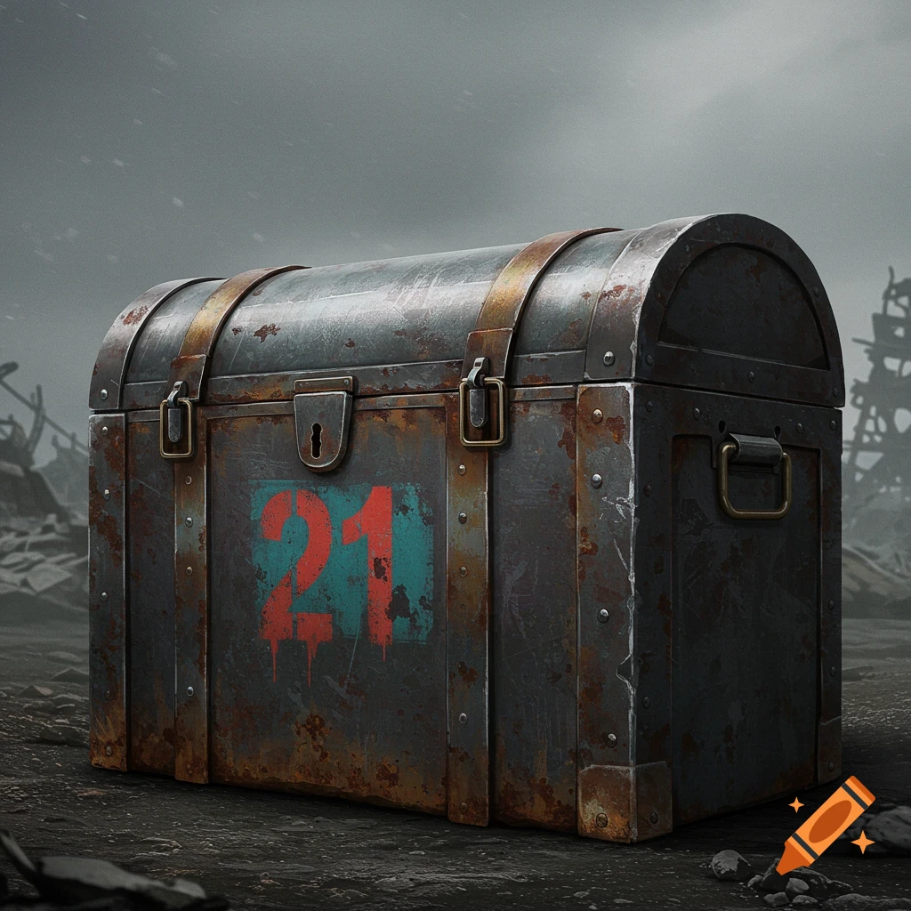 Rusty metal chest with '21' in a post-apocalyptic setting.