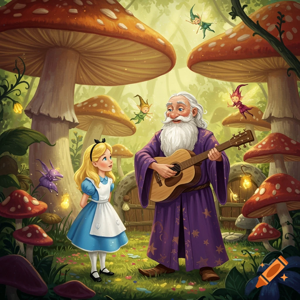 A whimsical scene of a wizard playing guitar for Alice and fairies in a mushroom garden.
