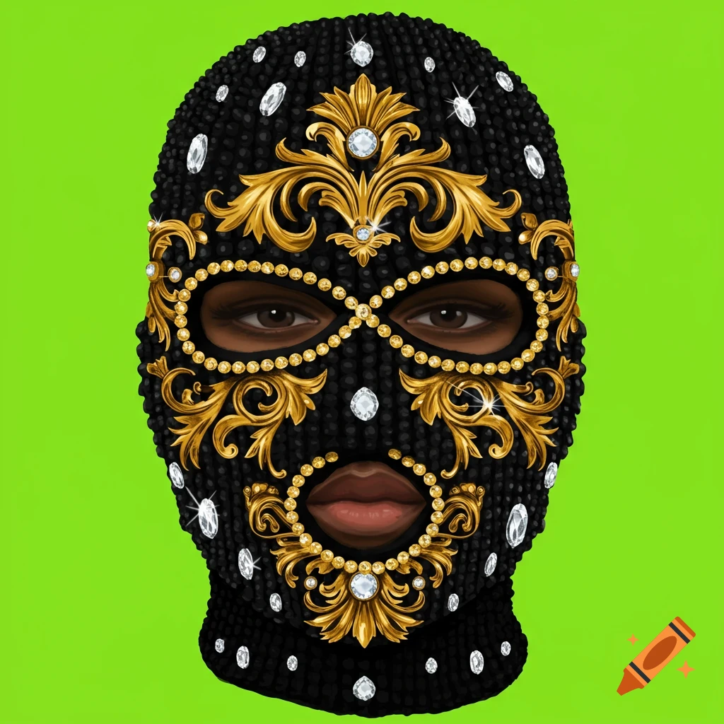 A black ski mask decorated with gold patterns and diamonds, against a lime green background.