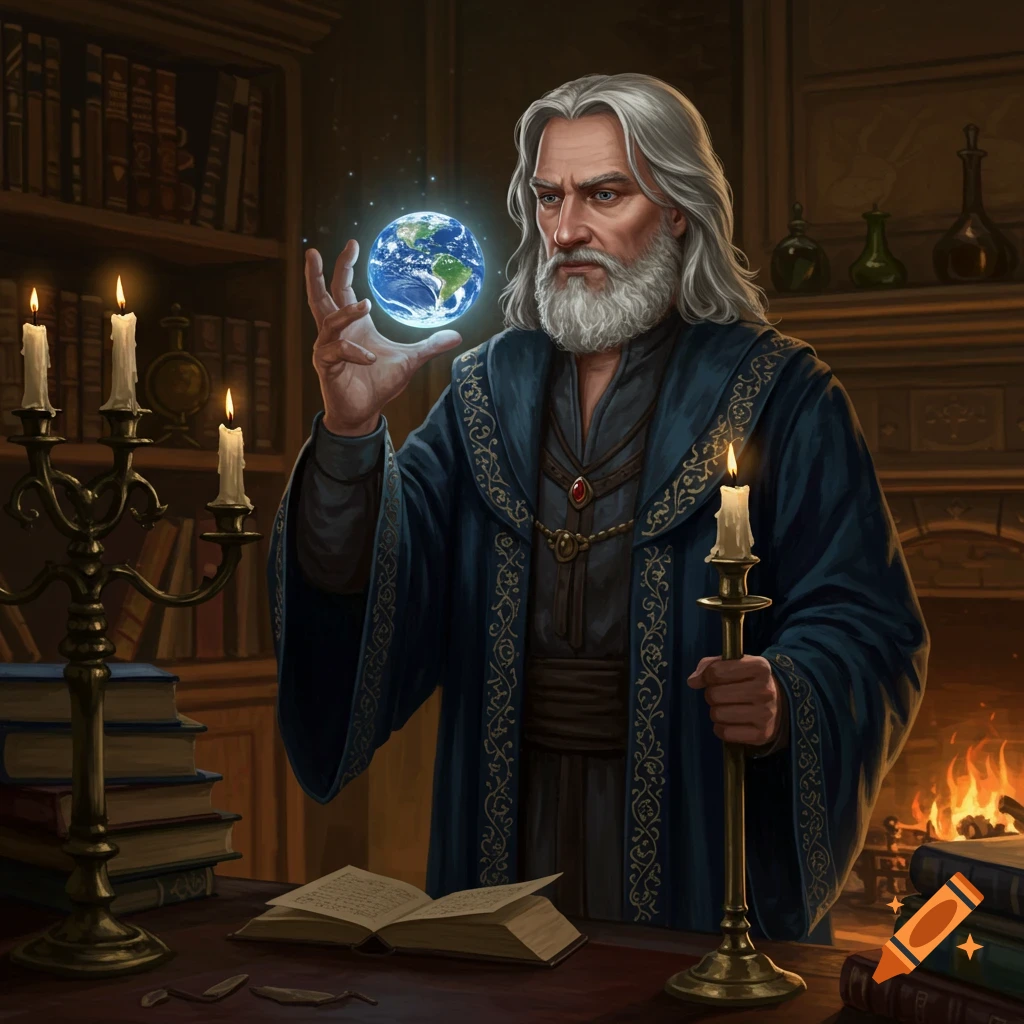 A handsome wizard in his study holds an earthlike orb and a candlestick.
