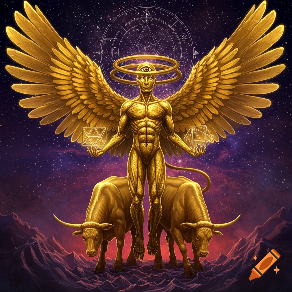 Golden winged humanoid holding geometric shapes, standing on two bulls, against a cosmic background.