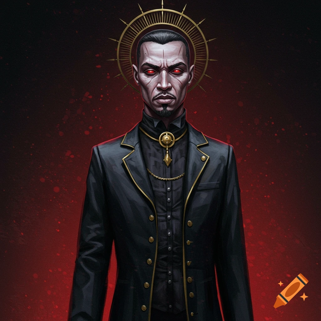 Stylized portrait of a man with red eyes, black suit, and golden halo.