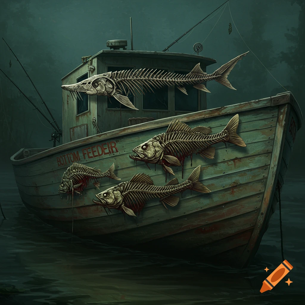 A fishing boat with skeleton fish on its side in dark water.