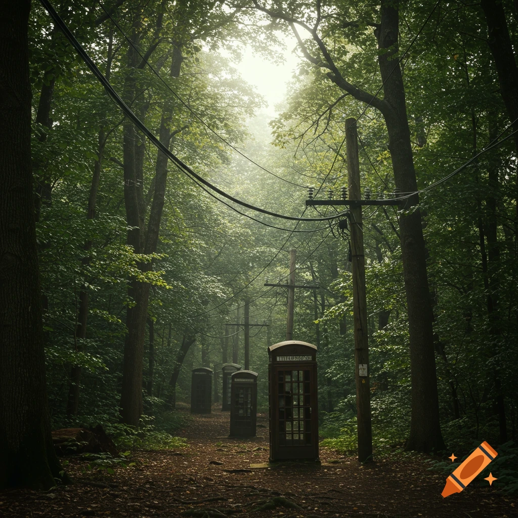 Telephone booths on a path in a misty forest, photorealistic