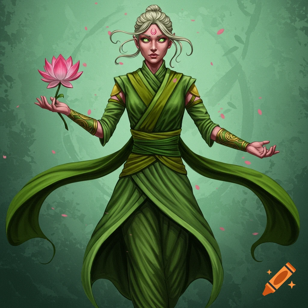 A female fantasy character in green robes holding a pink lotus flower.