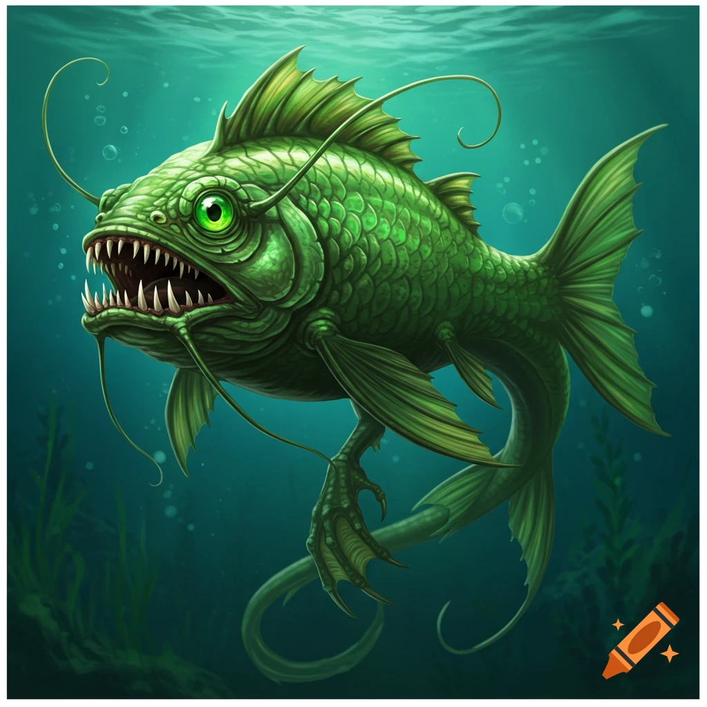 A fierce green fish-like creature with legs and sharp teeth swims underwater.