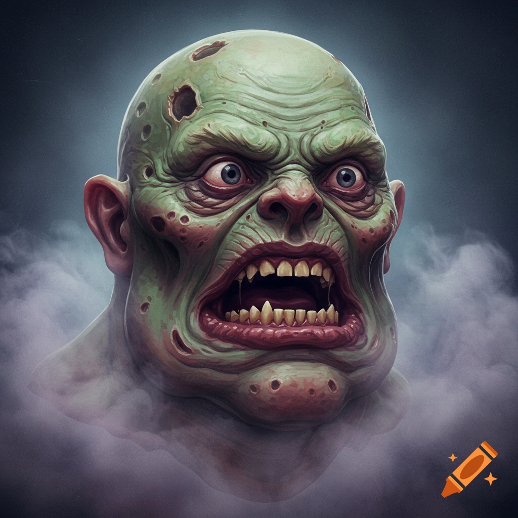 A monstrous green head with holes, large eyes, sharp teeth, surrounded by smoke.