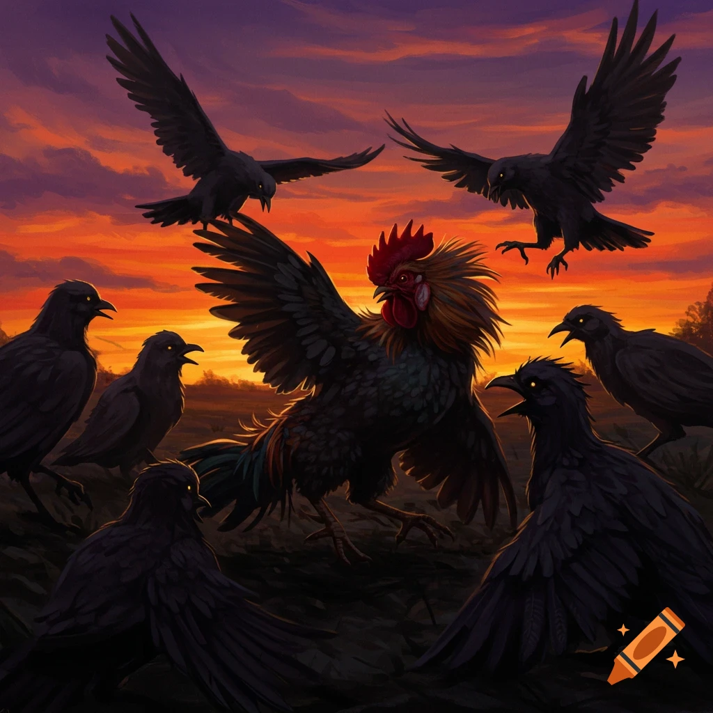 A rooster surrounded by aggressive crows at sunset.