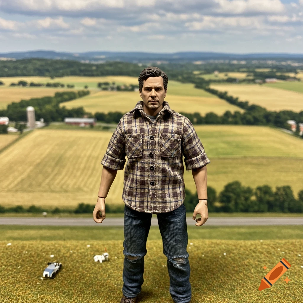 Action figure of a man in a plaid shirt and jeans standing in a rural landscape diorama.