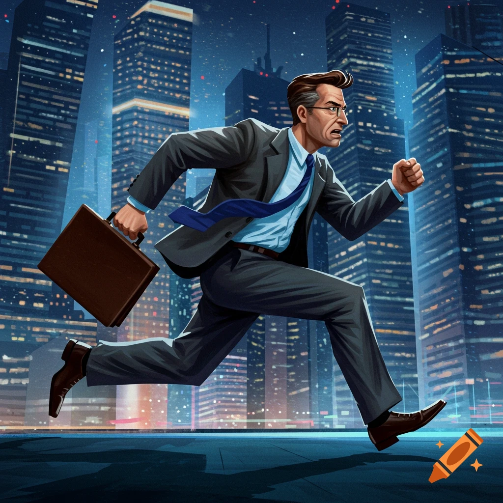 A businessman is running through a city at night, carrying a briefcase.