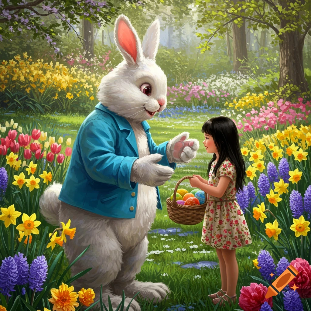 A girl with a basket of eggs stands with a large Easter Bunny in a spring garden.