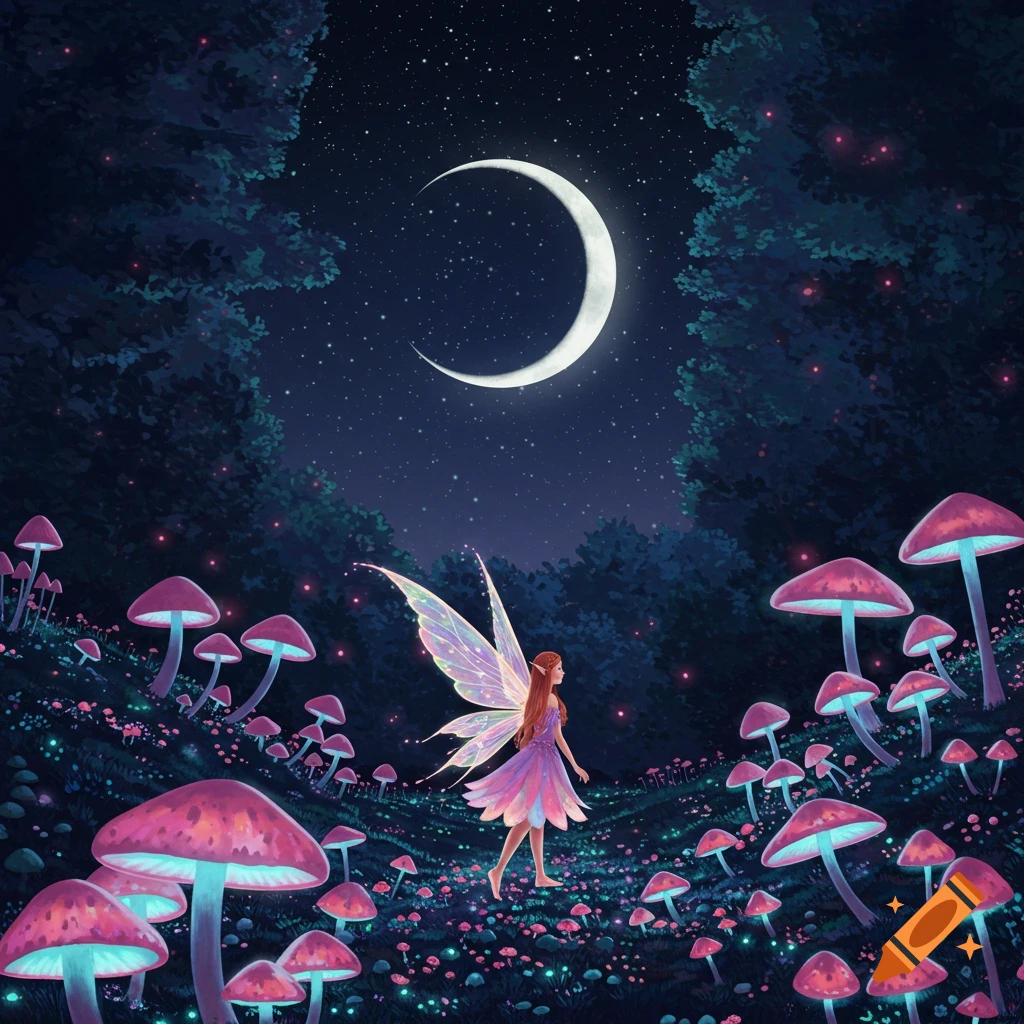 A fairy walks through a glowing mushroom forest under a crescent moon and starry night sky.