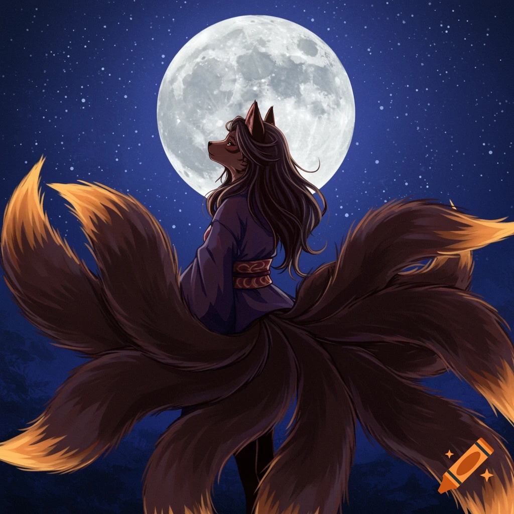 A nine-tailed kitsune with dark brown fur looks up at a full moon in a starry night sky.