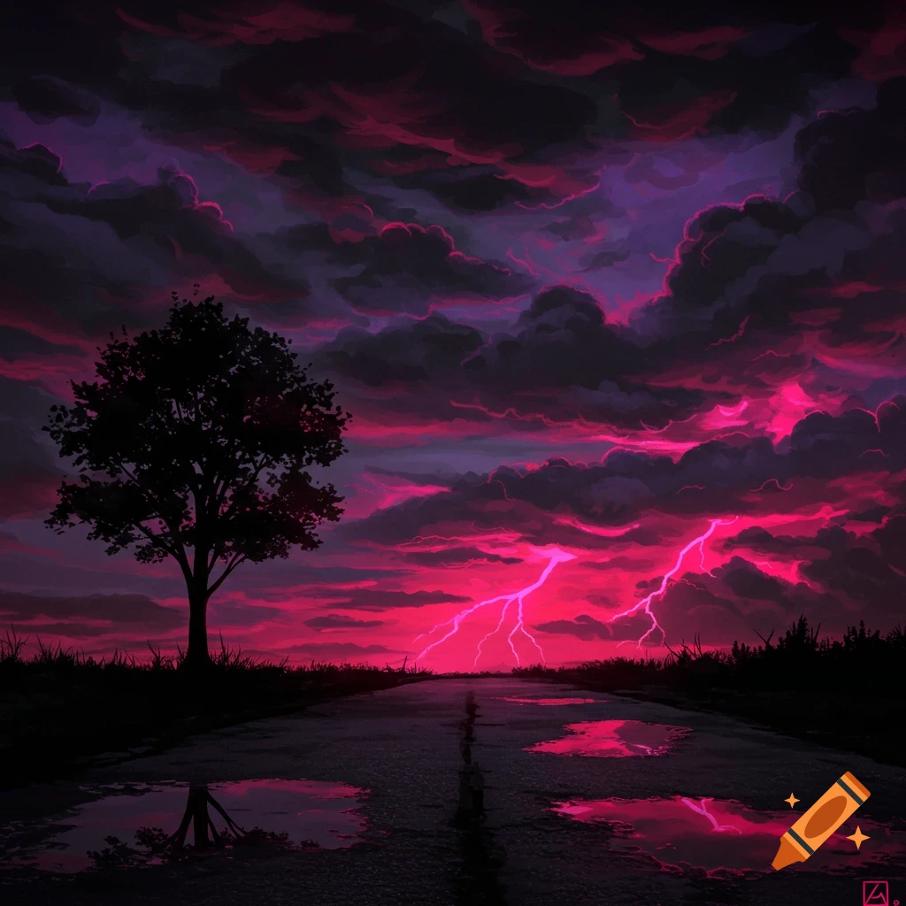 A dark landscape features a silhouetted tree standing next to a road, under a stormy sky filled with pink and purple clouds and lightning.