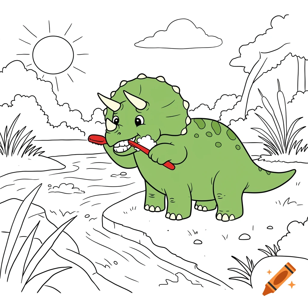 A cartoon green triceratops brushes its teeth by a river in a line drawing style for coloring.