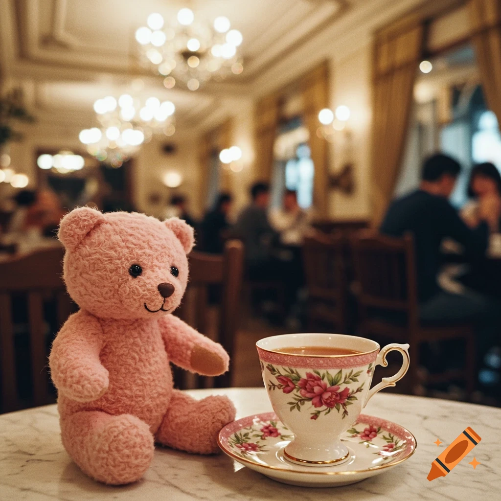 A pink teddy bear sits at a table next to a floral teacup and saucer in a restaurant.