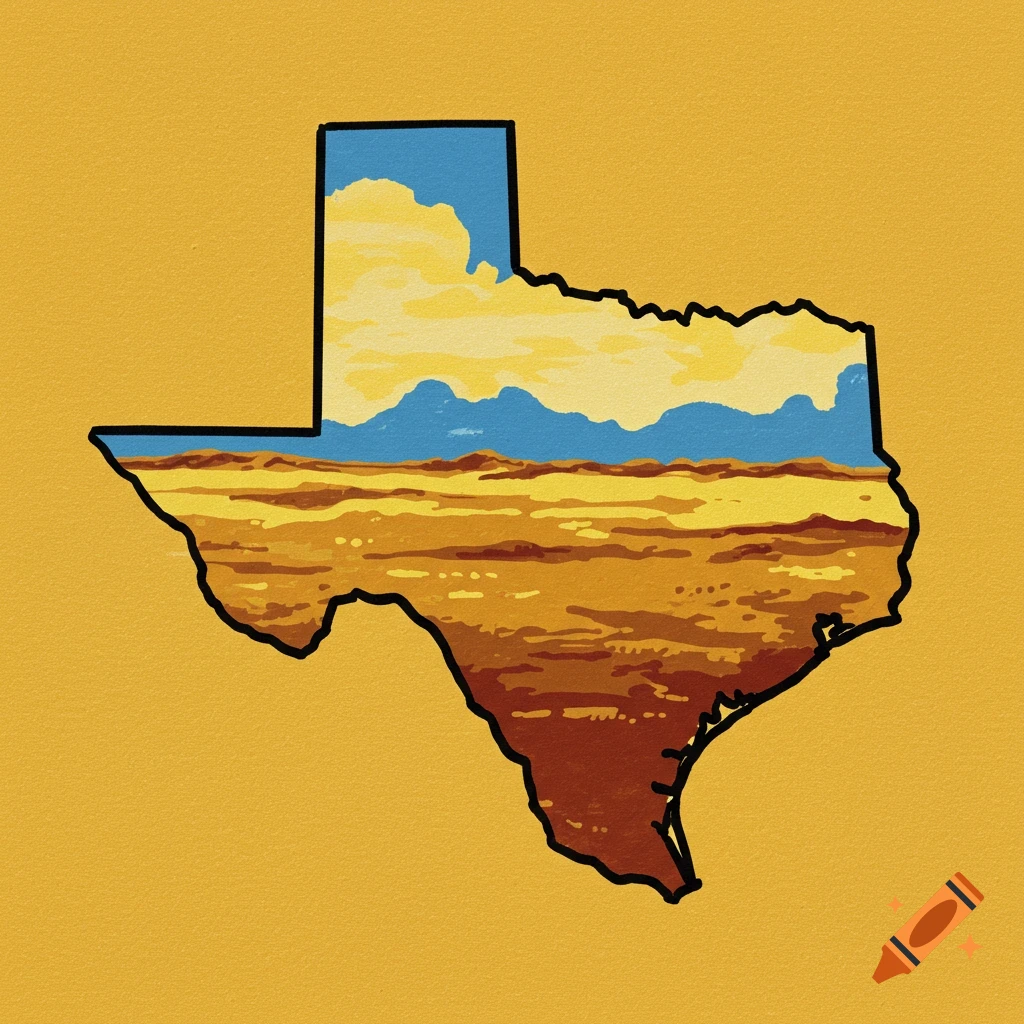 The shape of Texas filled with a desert landscape and cloudy sky on a yellow background