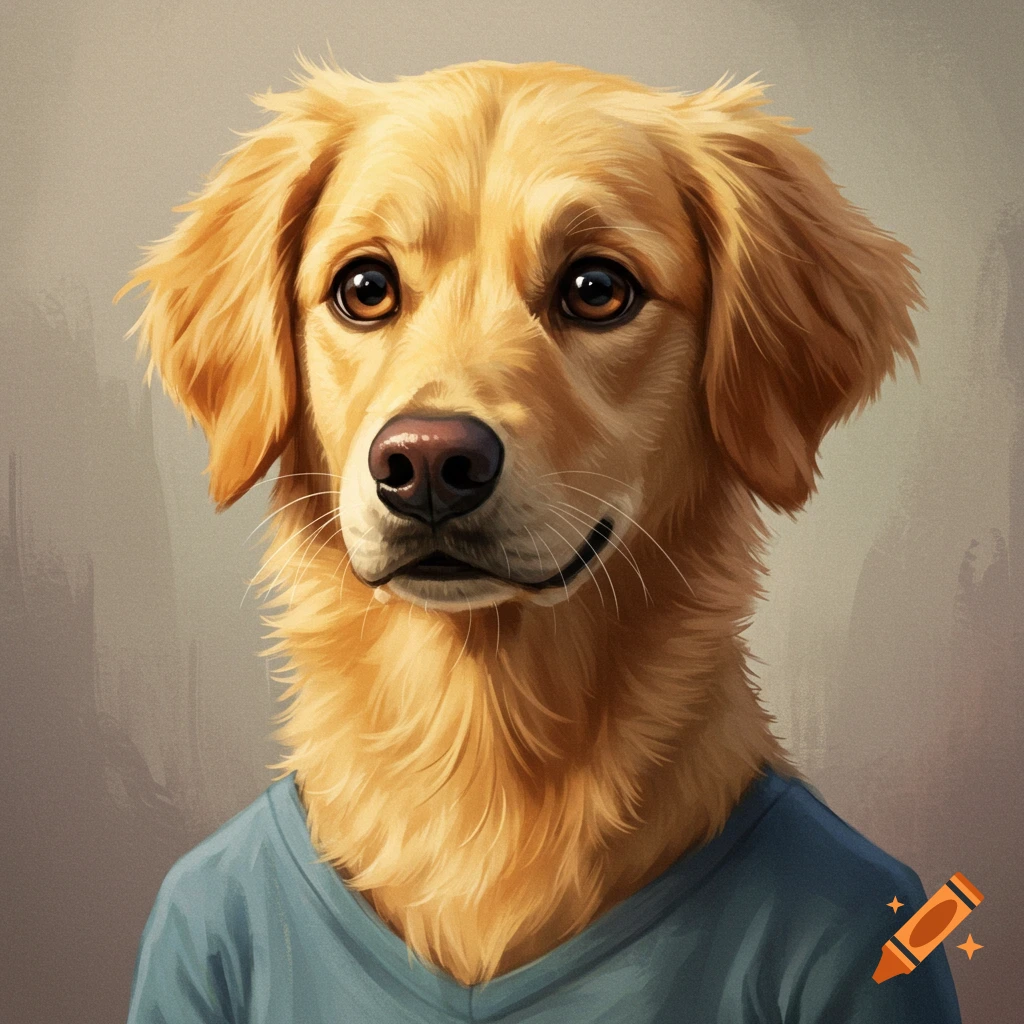 A golden retriever dog is wearing a blue t-shirt