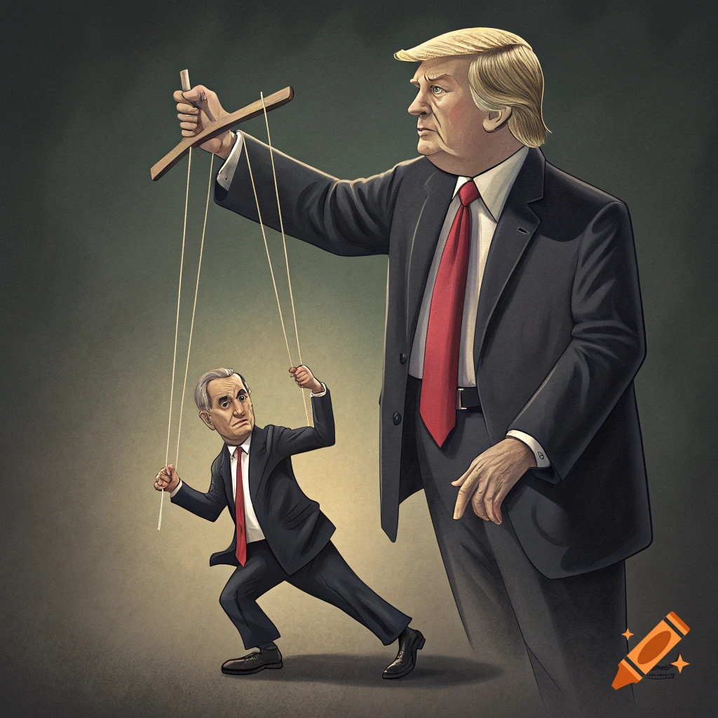 Illustration of a large figure resembling Donald Trump controlling a smaller figure resembling Mark Carney with puppet strings.