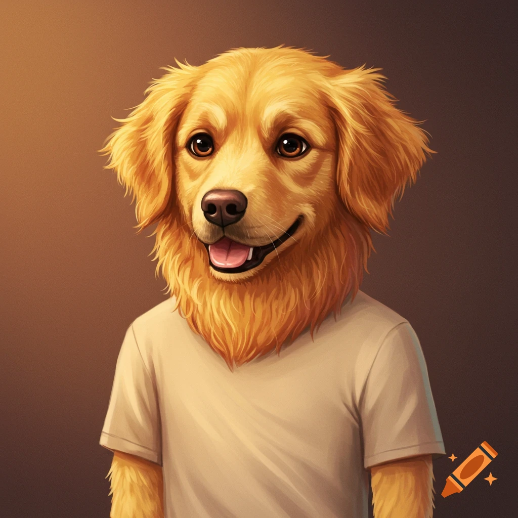 A Golden Retriever head on a human body wearing a beige t-shirt.