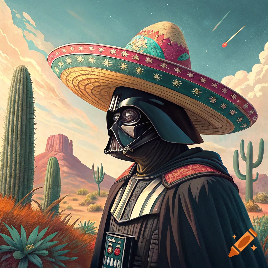 Darth Vader wearing a large sombrero stands in a desert landscape with cacti.