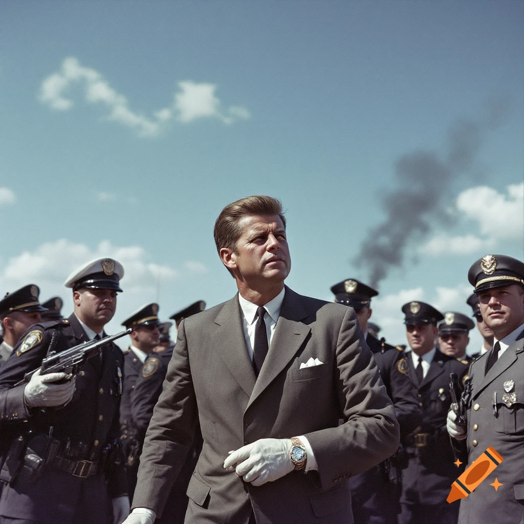 JFK stands amongst police officers looking upward, photorealistic style