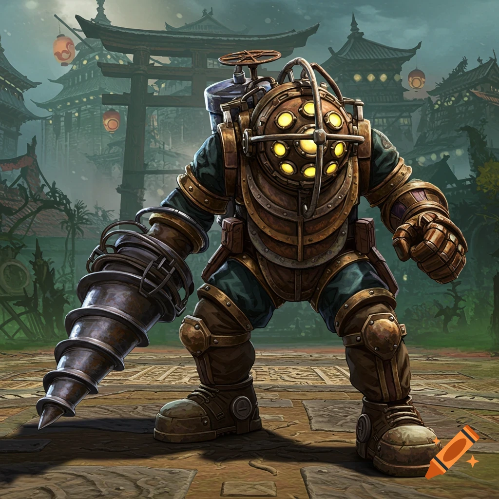A BioShock Big Daddy standing in an oriental city.