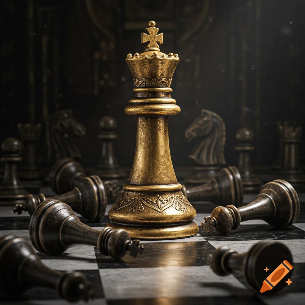A large golden king chess piece stands over fallen pieces on a dark chessboard.