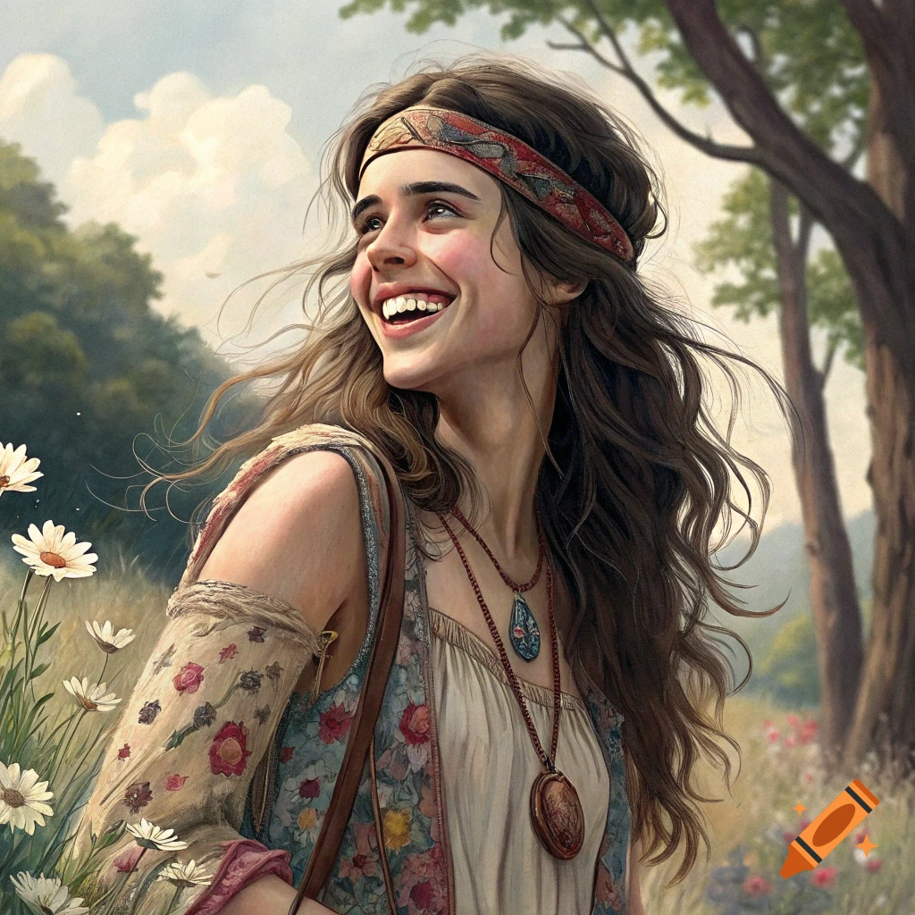 Young woman with a headband and floral vest smiles in a field of daisies, painterly style.