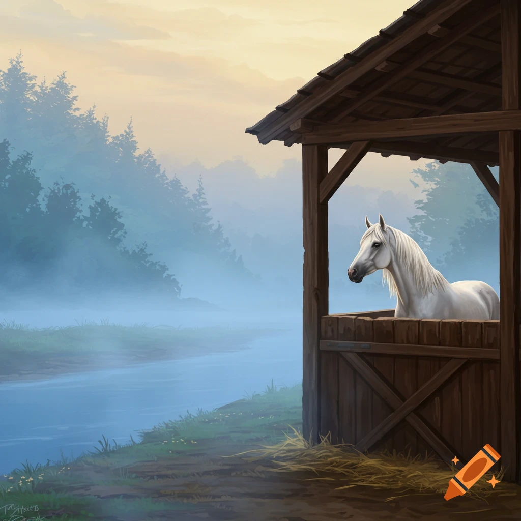 A white horse in a stable by a misty river landscape.