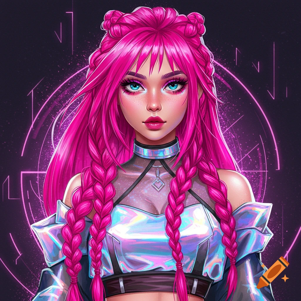 Stylized digital portrait of a woman with bright pink hair in futuristic clothing.