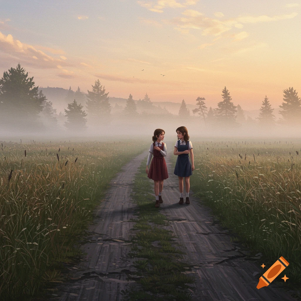 Two girls walking on a misty path through a grassy field at sunrise.