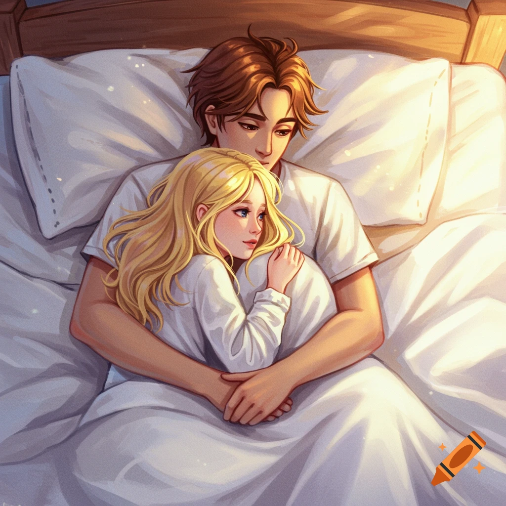 A man hugging a woman in bed with warm light.