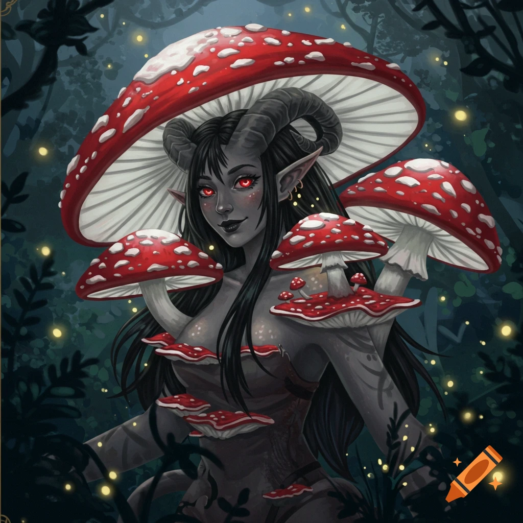 A dark fantasy creature with horns and mushrooms in a forest.