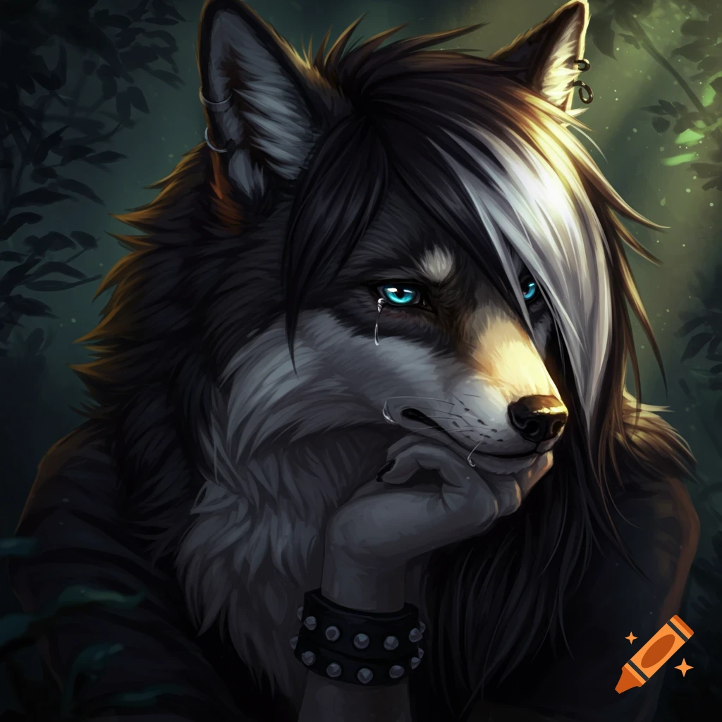 Image of an emo wolf/fox hybrid resting head on hand with a tear. Dark hair and blue eyes.