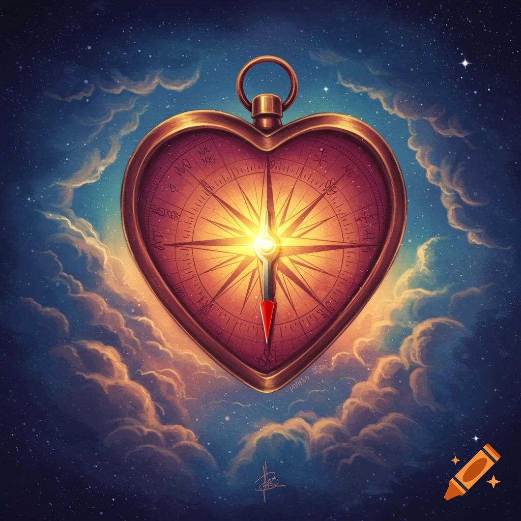 A heart-shaped compass floats among clouds and stars in a night sky.