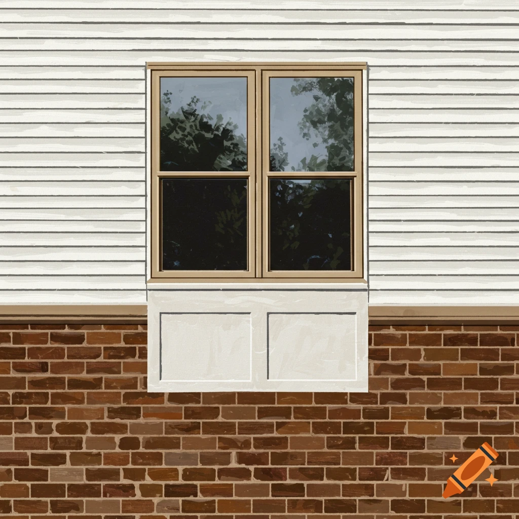 A house exterior with a window, white siding, and brick bottom.