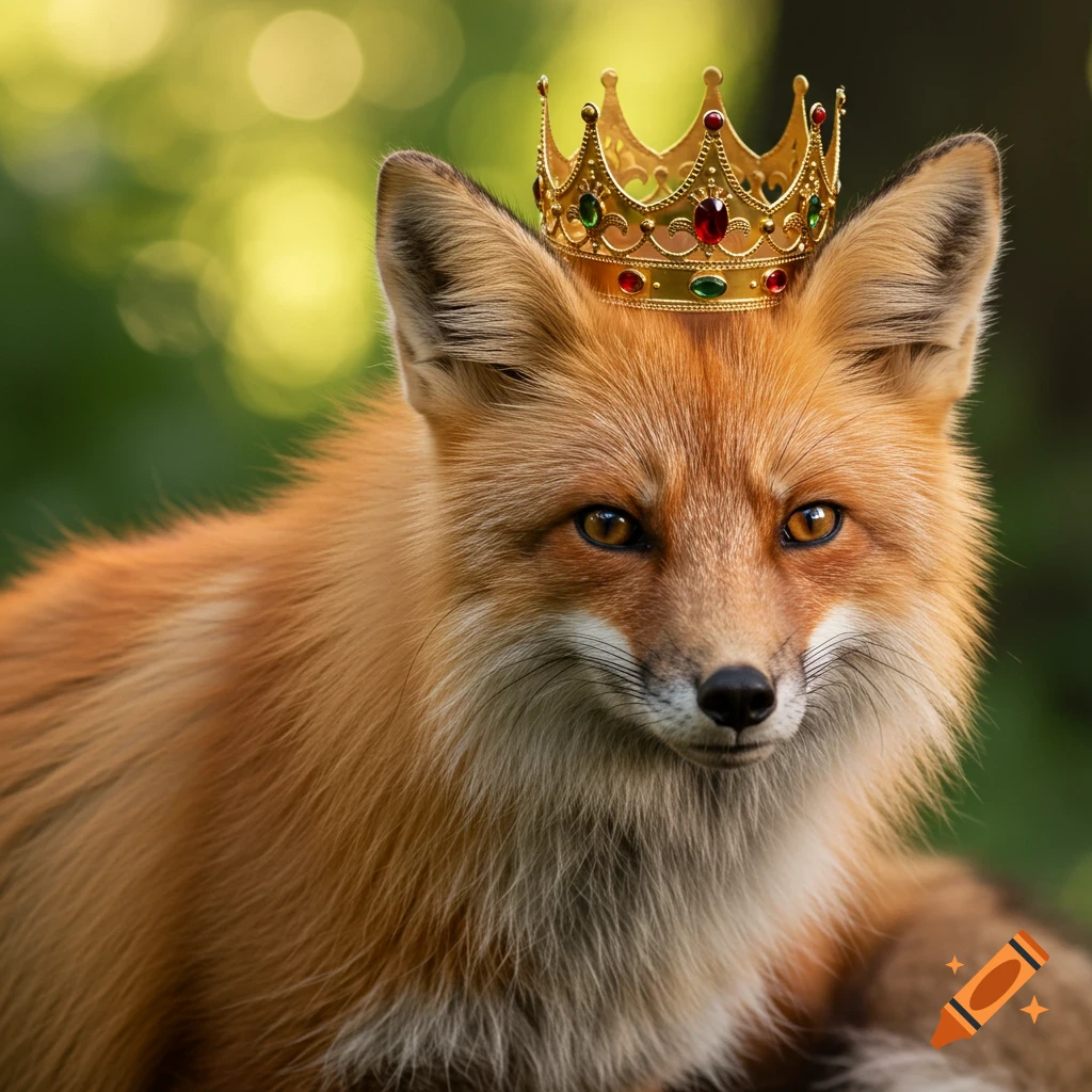 Close-up photo of a red fox wearing a small golden crown with jewels.