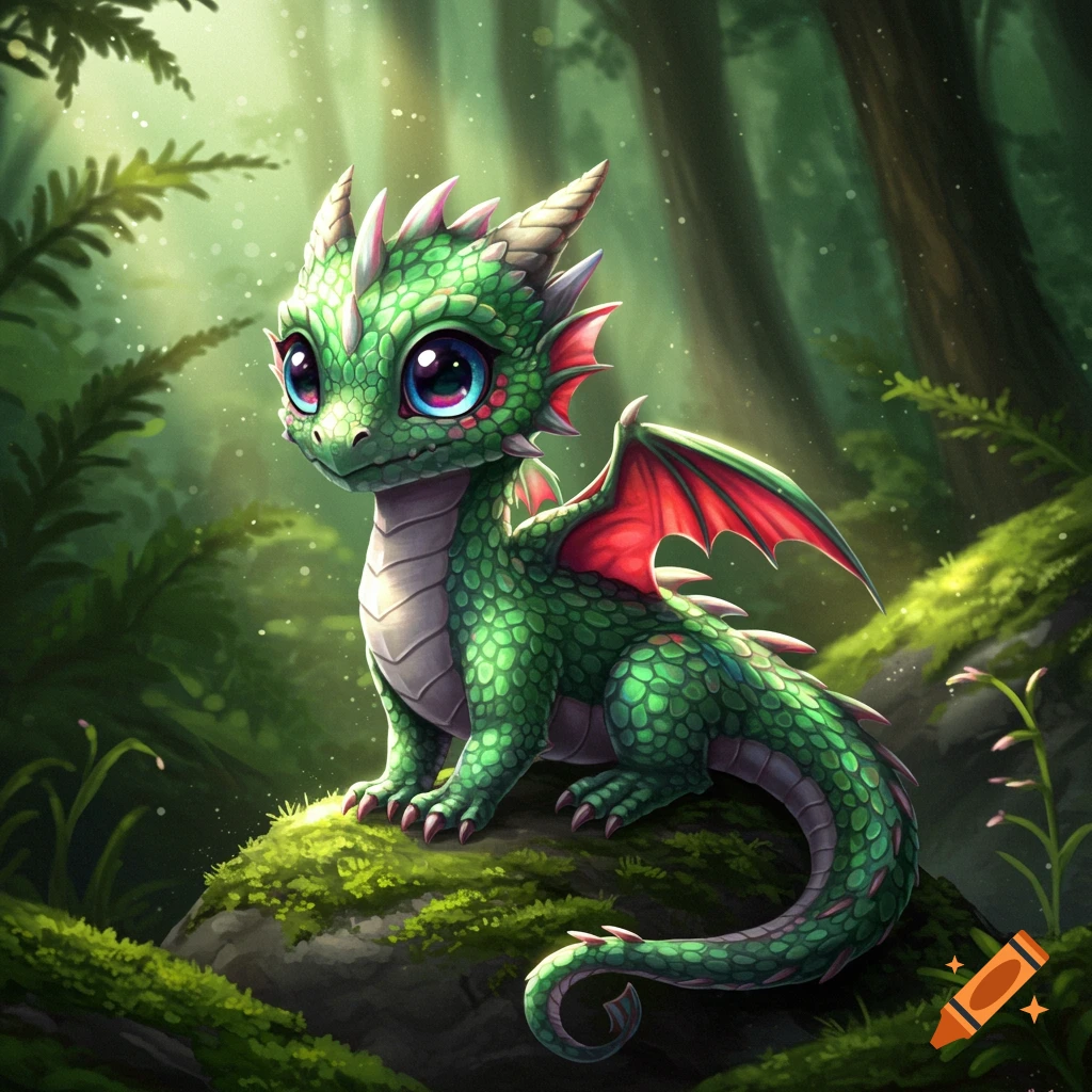 Cute green baby dragon with red wings sitting on a mossy rock in a forest.