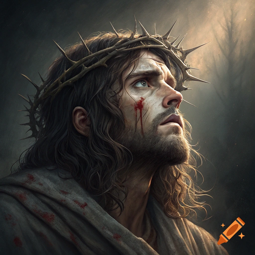Close-up portrait of Jesus Christ wearing a crown of thorns, with blood on face and cloak.