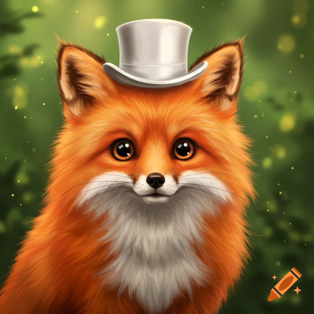 A cute fox wearing a white top hat in a forest setting.