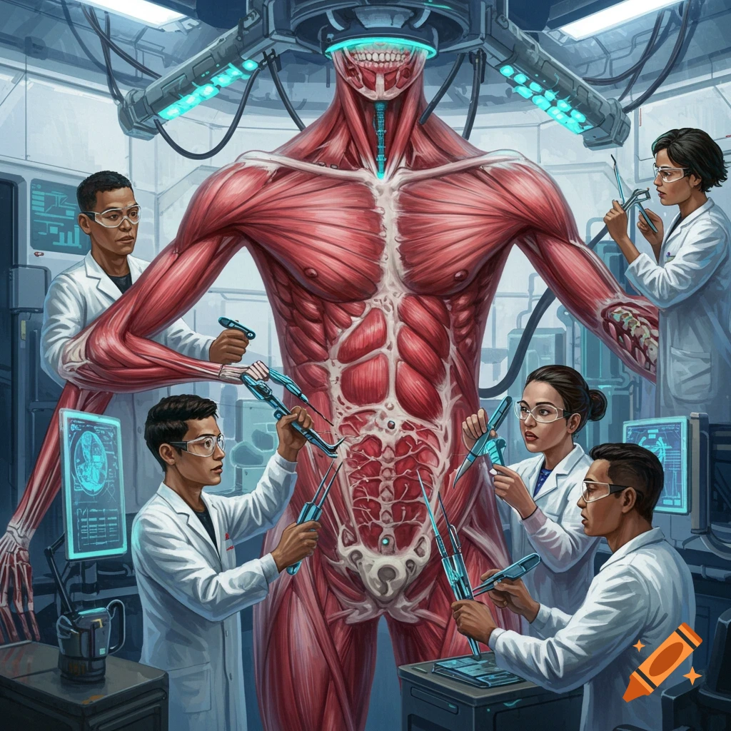 Scientists operating on a giant anatomical model in a futuristic laboratory.