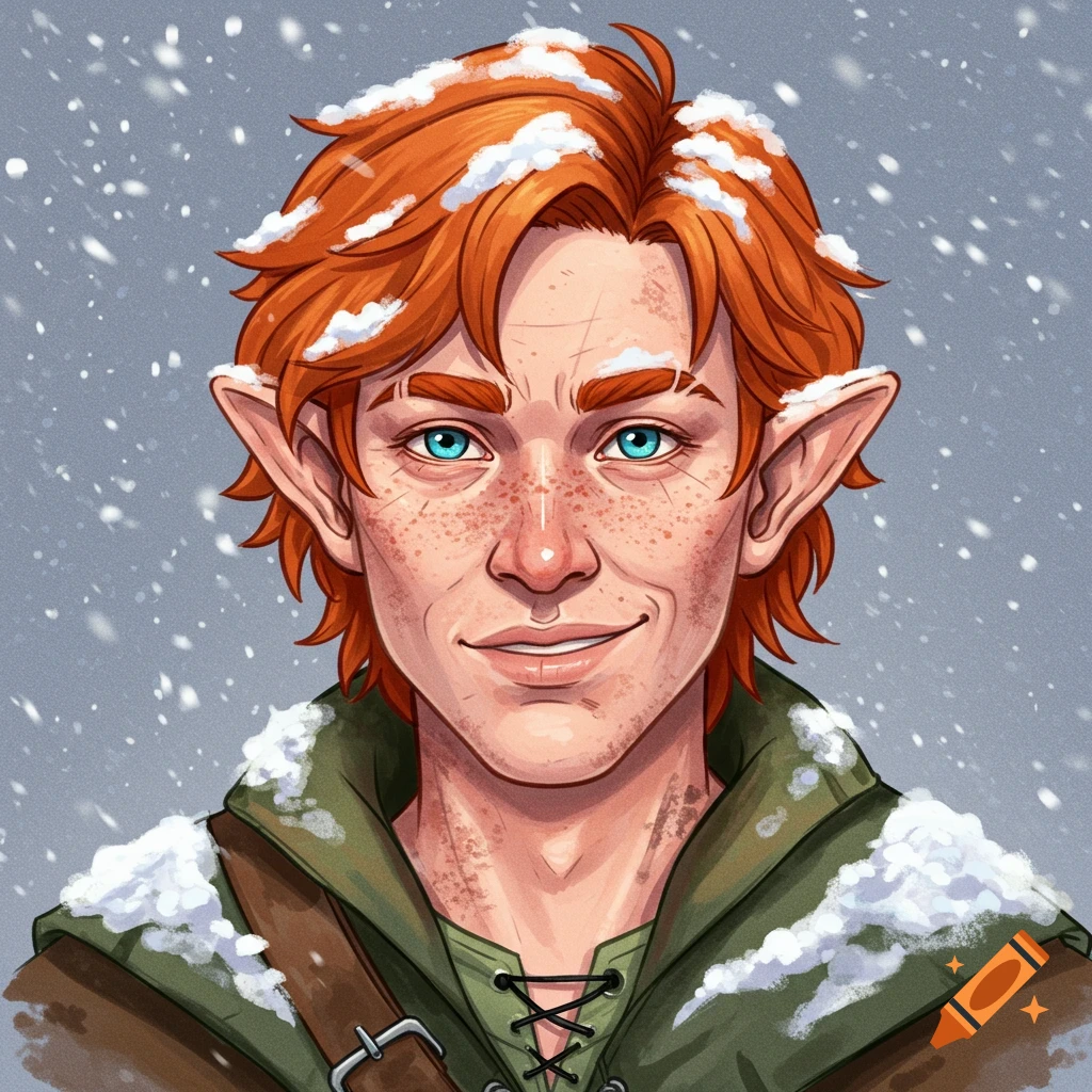 Watercolor portrait of a red-haired fantasy character with pointed ears and freckles, smiling in the snow.