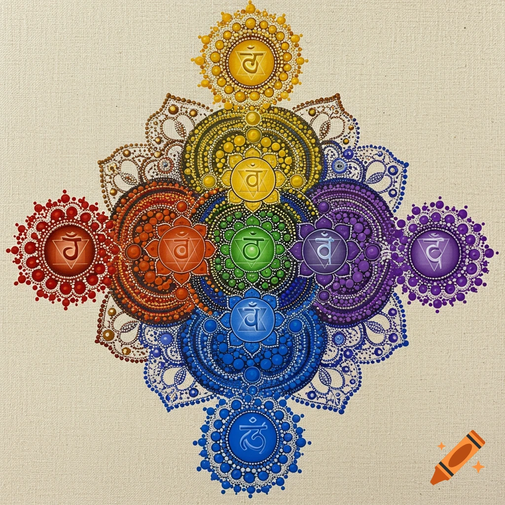 Colorful dot mandala depicting the seven chakras.