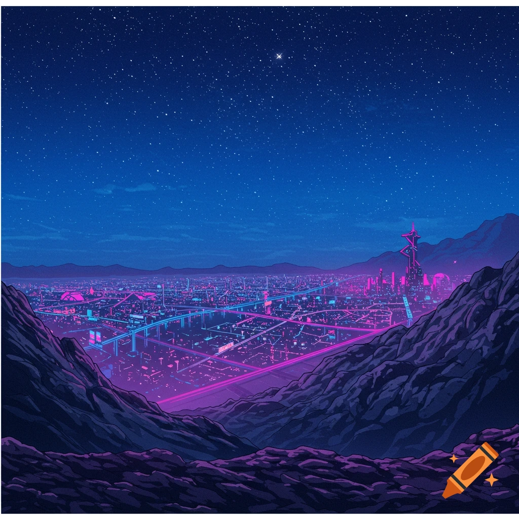 View of a futuristic neon city at night from a mountain under a starry sky, in an older anime art style.