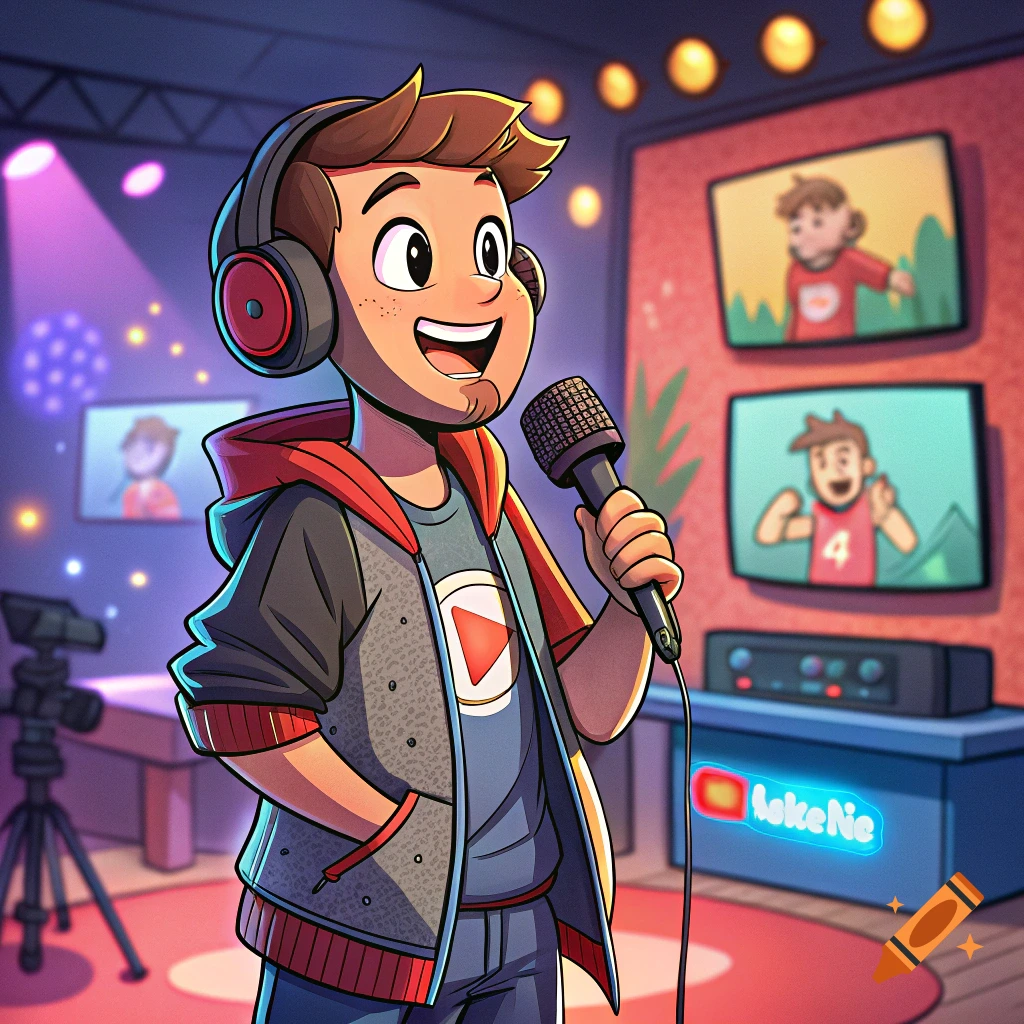 Cartoon illustration of a person with headphones and microphone in a streaming studio.