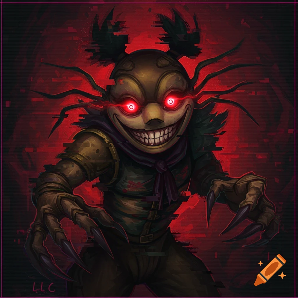 A creepy character with glowing red eyes, sharp claws, and a wide grin, depicted with glitch effects.