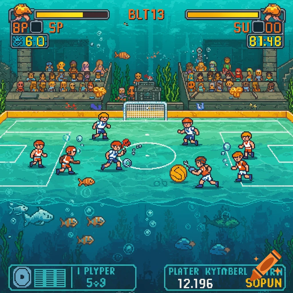Pixel art underwater sports game with players, ball, goals, spectators, and scoreboards.