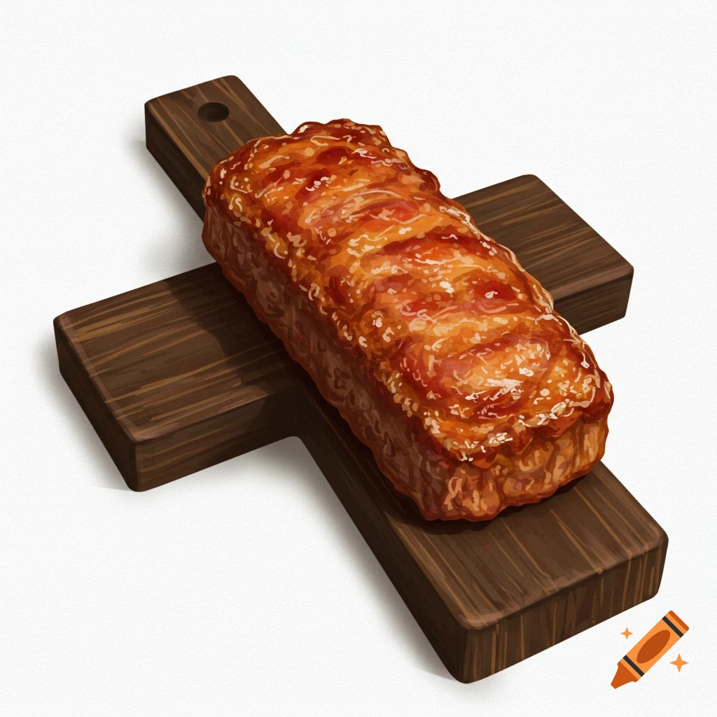 A meatloaf shaped like Jesus on a cross-shaped cutting board.