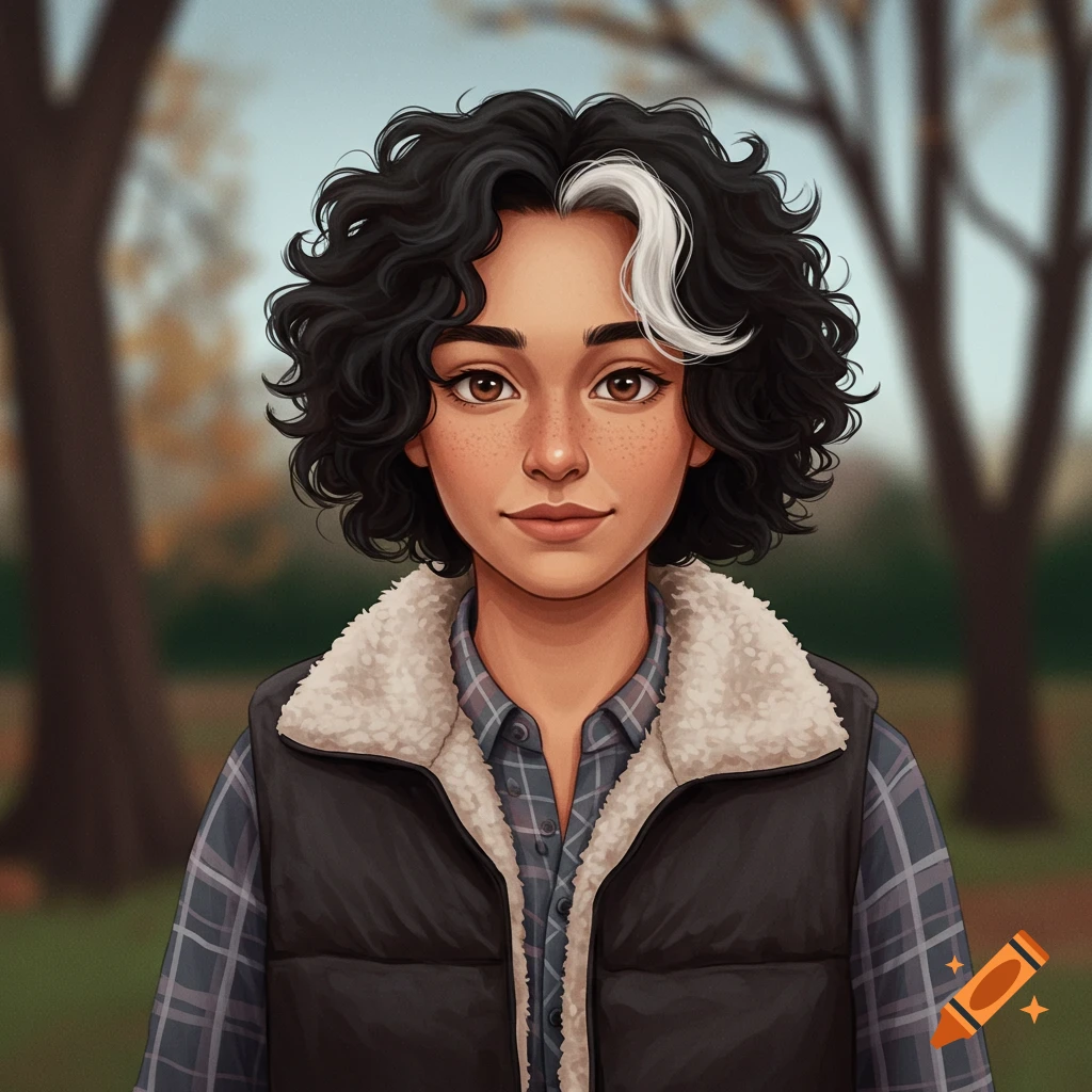 A portrait of a young person with short curly hair and a white streak, wearing a flannel and vest outdoors.